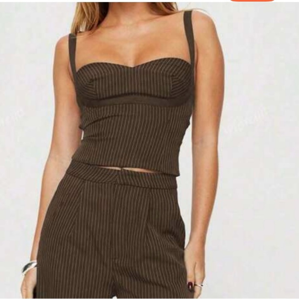 Brown Pinstripe Business Casual Suit Set - cami and trousers - Picture 3 of 7